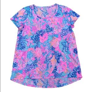Lilly Pulitzer Etta Scoop Neck Top Seashell Splendor Pink Blue 100% Cotton Large